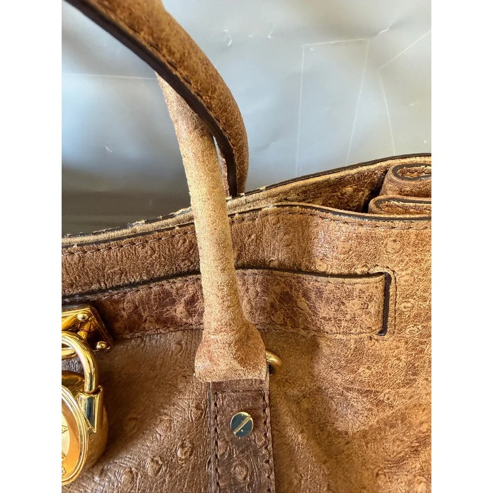 Michael Kors Hamilton Ostrich Embossed Leather Satchel Brown Gold Link Strap